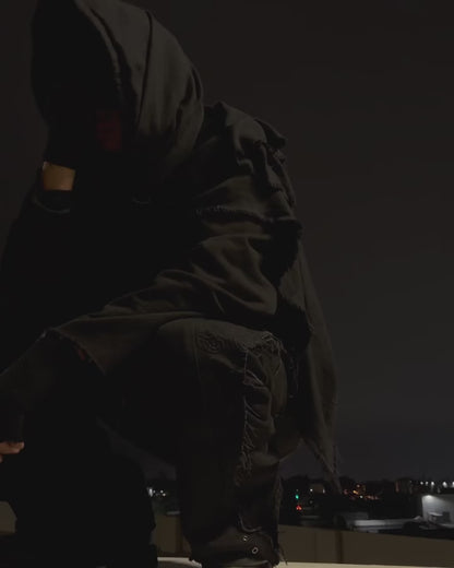 VOID HOODIE / BLACK WITH SCARF AND DAMAGE LOOK